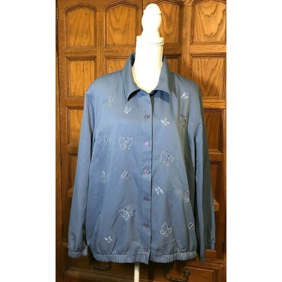 ALFRED DUNNER Womens size 20 Jacket Button Up Elastic Waist/Cuffs Blue Butterfly - Picture 2 of 6